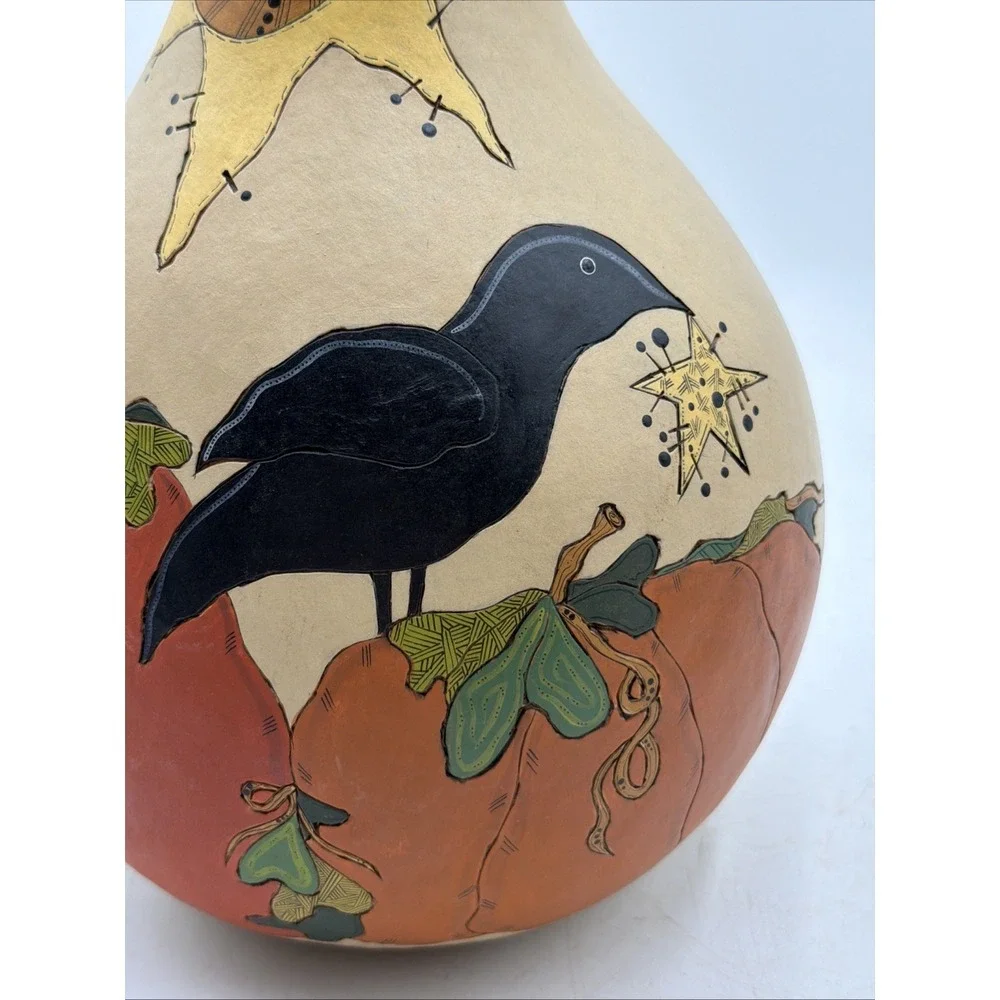 Primitive Hand Painted OOAK By Folk Artist Fall Gourd Crow Pumpkins
